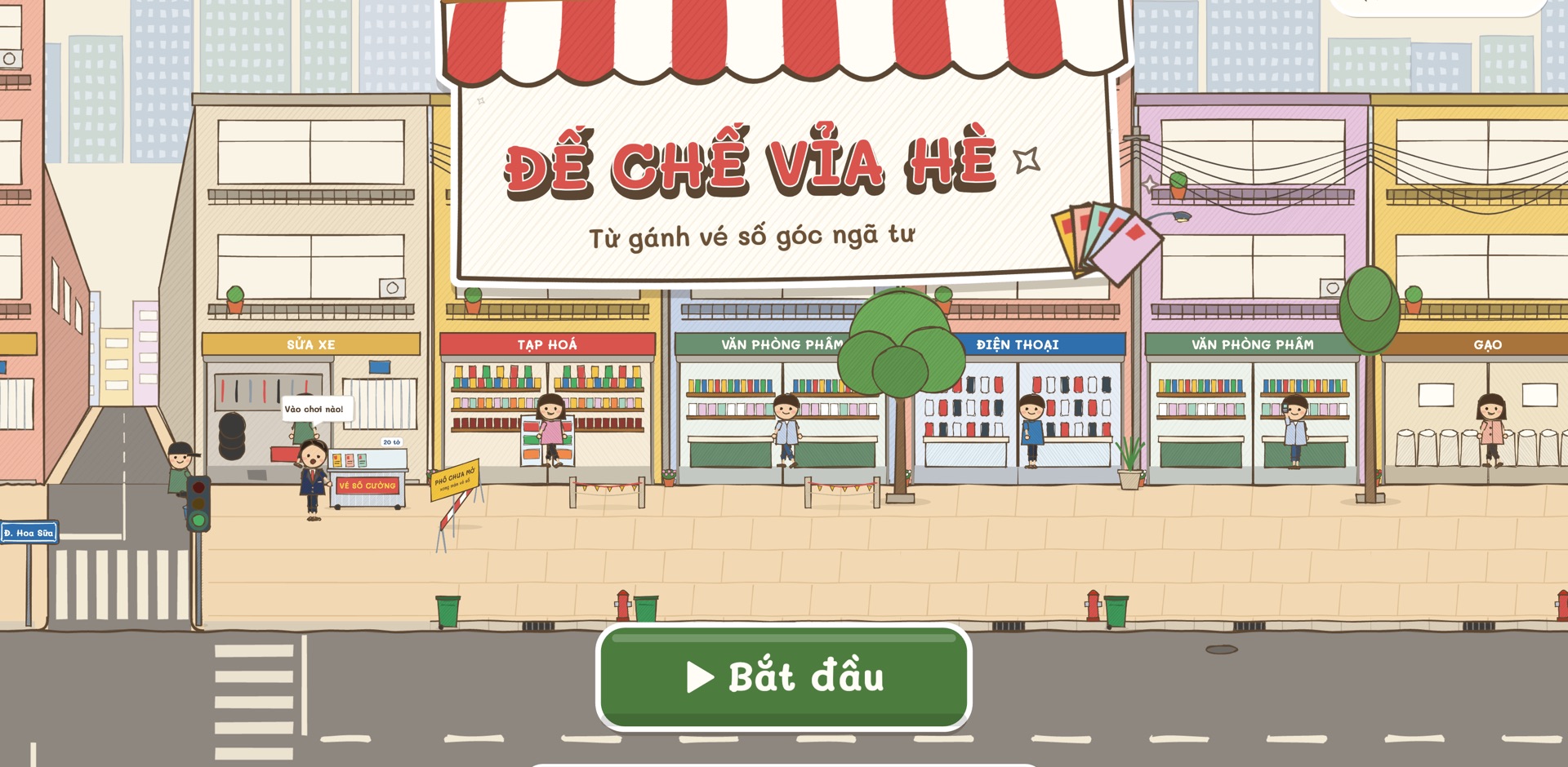 Góc ngã tư phố Hoa Sữa trong game, có tủ vé số và dãy cửa hàng